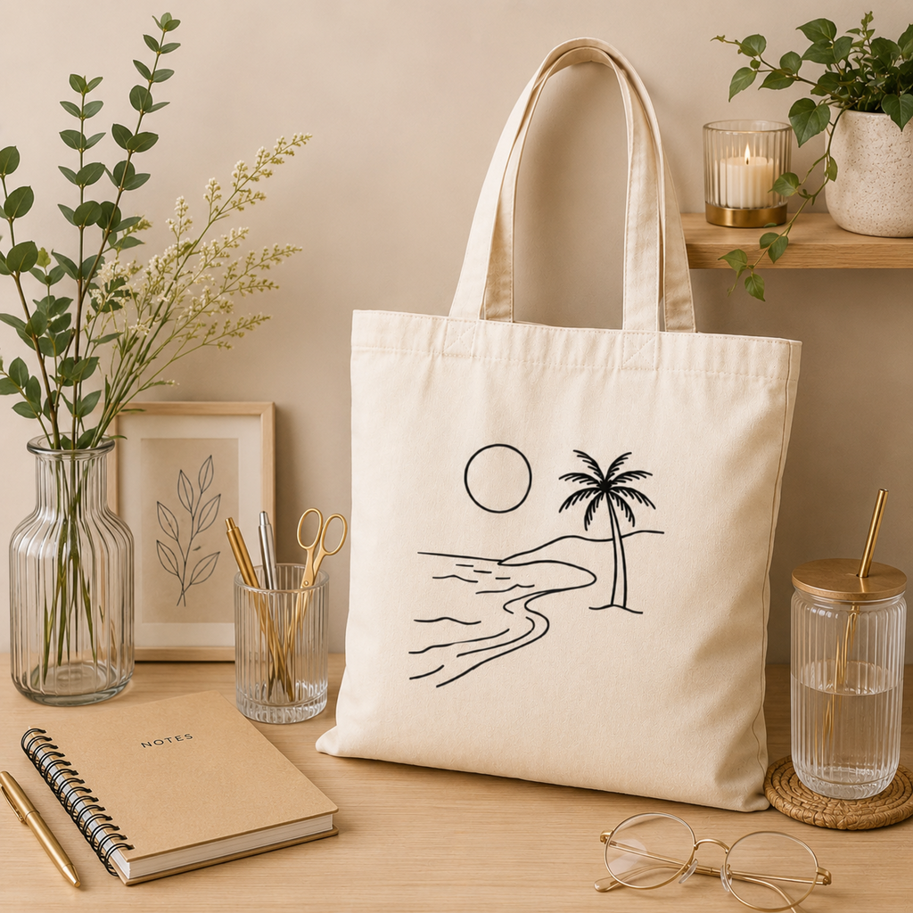 Minimalist Beach Line Art Cotton Tote Bag