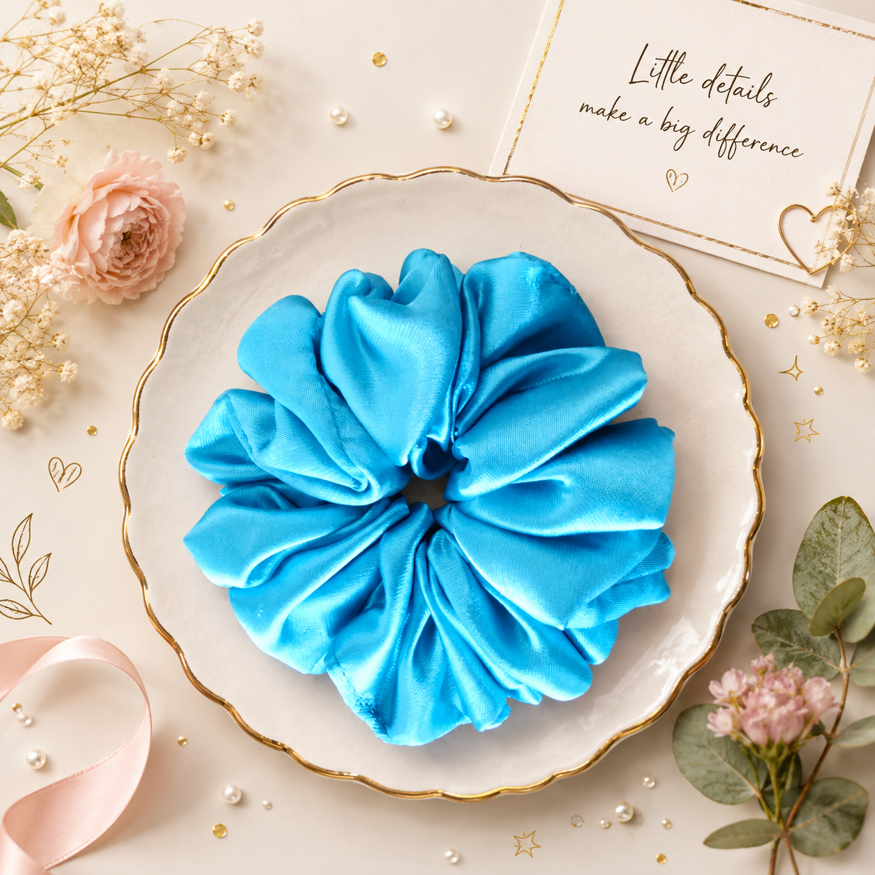 Elegant Blue Satin Scrunchie 💙 Set Of 3