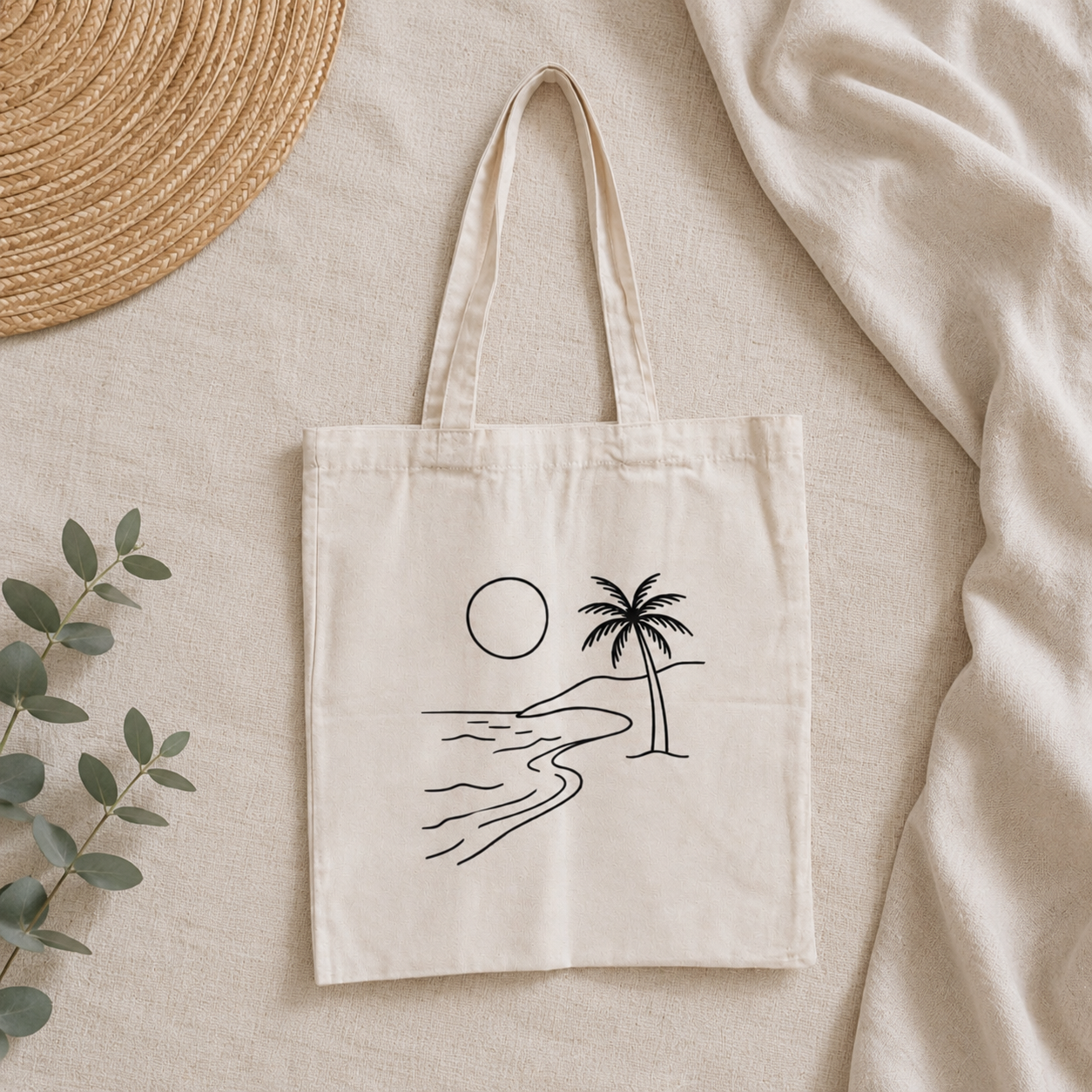 Minimalist Beach Line Art Canvas Tote Bag Set Of 2